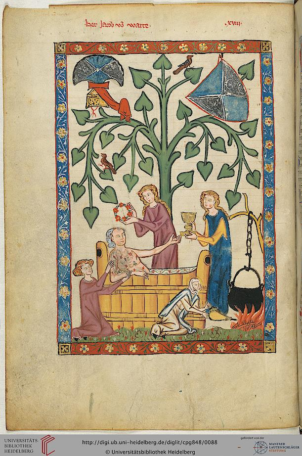 Bathing of noble Jakob von Warte, 1300-1330 AD, Germany, Codex Manesse UBH Cod. Pal. germ. 848, folio 46v