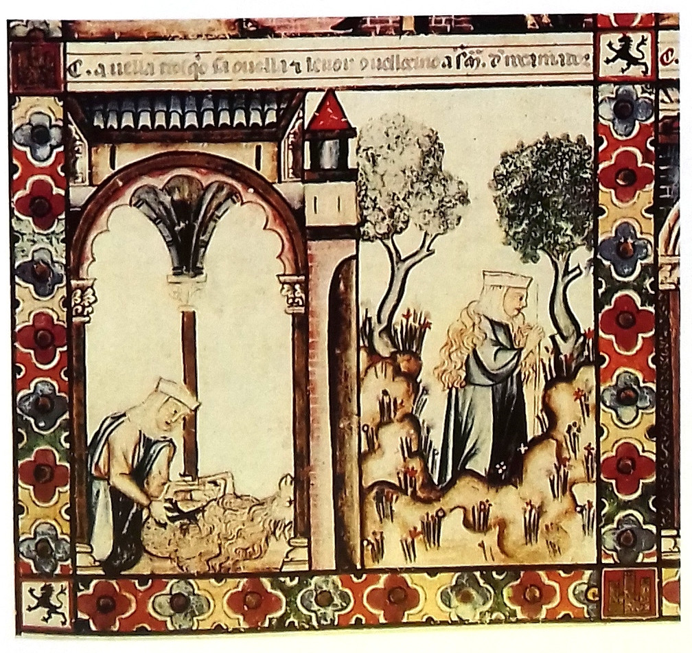 Hinged scissors, 1284 AD, Spain, CSM 147, Keller Cash: "Daily life depicted in the Cantigas de Santa Maria"