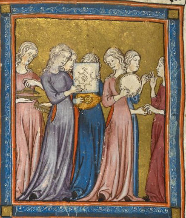 Krásné židovské hudebnice, 1320-1330, Španělsko, Golden Haggadah, folio 15r