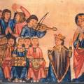 Cantigas de Santa Maria 120. Hudebníci sedící uprostřed hrají na citeru a...