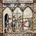 Cantigas de Santa Maria 12. Pogrom na židy, kteří se na Velikonoce chystají
ukřižovat figurku Ježíše. Pěšáci jsou vyzbrojeni falchiony či tesáky
(serranillo) - meče jsou vyhrazeny rytířům a urozeným. Vojáci mají
kroužkovou košili bez kapuce s rukávy po lokty. Prošívaný kabátec
perpunto může skrývat krátkou drátěnou košili, nebo jen tlustou vlněnou
tuniku. Čapky na hlavě mají atypický tvar, je možné, že jde o vycpávku...