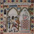Cantigas de Santa Maria 19. Tři urození muži nebo rytíři zabili před
oltářem svého nepřítele. Na iluminaci vidíme drátěnou košili s rukávy
po zápěstí a dvě košile s rukavicemi a kapucí s aventailem. Také je
vidět kroužková ochrana nohou typická pro jezdce a prošívaný kabát
perpunto přes zbroj. Železné klobouky a lebky jsou typické ochrany hlavy,
hrncových přileb bývá vyobrazeno méně. Typicky španělský tvar štítu
je doplněn o závěs štítu přes rameno s erbovními motivy. Povšimněte si...