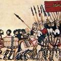 Cantigas de Santa Maria 99. Ústup obléhacího maurského vojska. Povšimněte
si specifického tvaru maurských kopí, typického maurského dvoulaločnatého
štítu (vážil kolem 2,5-3kg) a kratších třmenů - mauři měli na koni
více pokrčená kolena než křestané, kteří více stáli. Osel na levé...