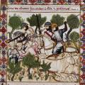Cantigas de Santa Maria 106. Dva panoši se pokusili ukrást dobytek a byli
dostiženi městskou hlídkou. Jezdci mají na hlavách železné klobouky a
lebku, kroužkové košile s pěstnicemi, kapucí a aventailem k ochraně
obličeje, prošívaný kabátec perpunto přes zbroj, meče, španělské...