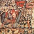 Cantigas de Santa Maria 165. Armáda sultána Bondoudara, vládce Egypta,
Aleppa, Damašku a La Chamelle, pochoduje dobýt město Tartus. Těžká
pěchota v popředí má železné klobouky, šupinové zbroje přes kroužkové
košile a holá kolena. Na koni v hedvábném oděvu vidíme sultána osobně, s
dvoulaločným štítem a maurským kopím. V pozadí mezi lesem kopí vidíme i
reflexní luky, ze kterých tou dobou stříleli převážně židovští
specialisté. Kuše už tou dobou ve výzbroji armád už desítky let daleko...