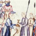 Cantigas de Santa Maria 175. Městští úředníci z Toulouse dostihl poutníky
do Santiaga de Compostella a obvinili je z krádeže. Frontální pohled na...