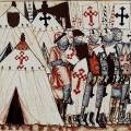 Cantigas de Santa Maria 205. Don Alfonso Tellez se s vojenskými řády
Calatrava a Uclés chystá dobývat maurský pohraniční hrad. Vidíme detaily
konstrukce stanů, různé typy přileb (lebka, klobouk, hrncová), kroužkové
košile s krátkými rukávy, kapucí a aventailem k ochraně obličeje,
kroužkovou ochranu nohou jezdců, zdobené řemeny zaoblených štítů, dýku...