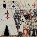 Cantigas de Santa Maria 205. Don Alfonso Tellez se s vojenskými řády
Calatrava a Uclés se modlí před úspěšným pokusem dobýt maurský
pohraniční hrad. Vidíme detaily konstrukce stanů, různé typy přileb
(lebka, klobouk), kroužkové košile s krátkými rukávy nebo prstovými
rukavicemi, kapucí a aventailem k ochraně obličeje, kroužkovou ochranu nohou
jezdců, dýku za pasem, prošívaný kabátec perpunto přes zbroj a zbroj k...