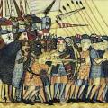 Cantigas de Santa Maria 408. Válka v Lombardii. Kušiník v popředí má na
opasku natahovací hák, kuši se třmenem, šupinovou zbroj. Ostatní pěšáci...
